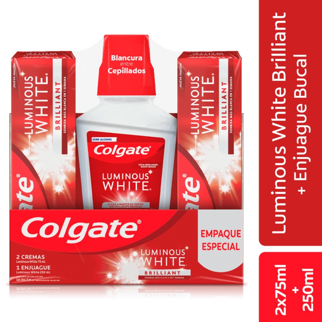 Pack Colgate Luminous White Crema Dental 2und x75ml C/U y Enjuague Bucal x250ml